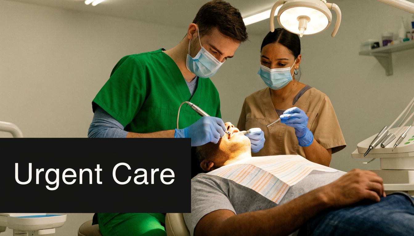 A dentist and an assistant wearing masks perform a dental procedure on a patient in a clinic.
