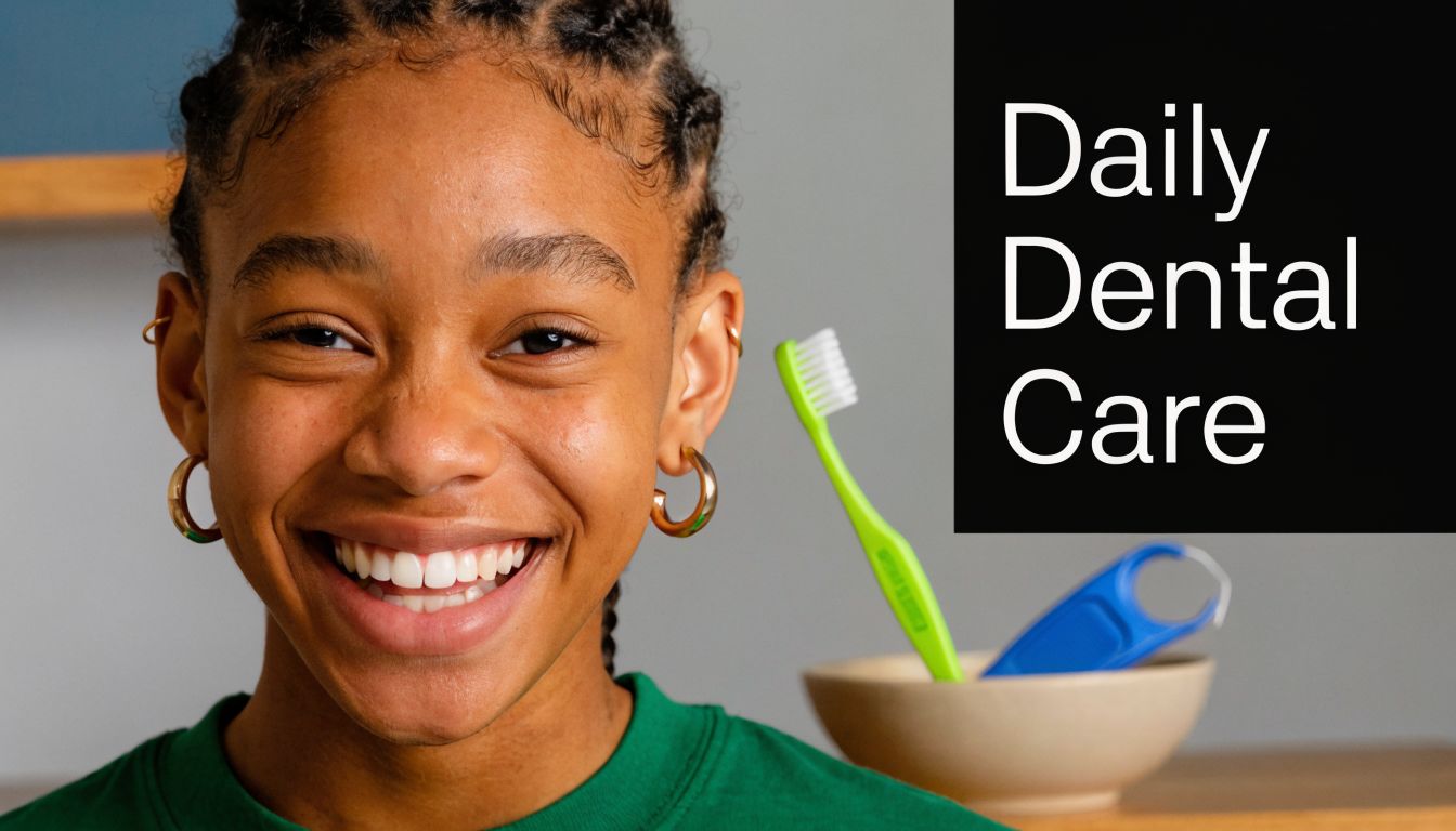 A smiling young woman wearing a green shirt beside a bowl containing a green toothbrush and floss.