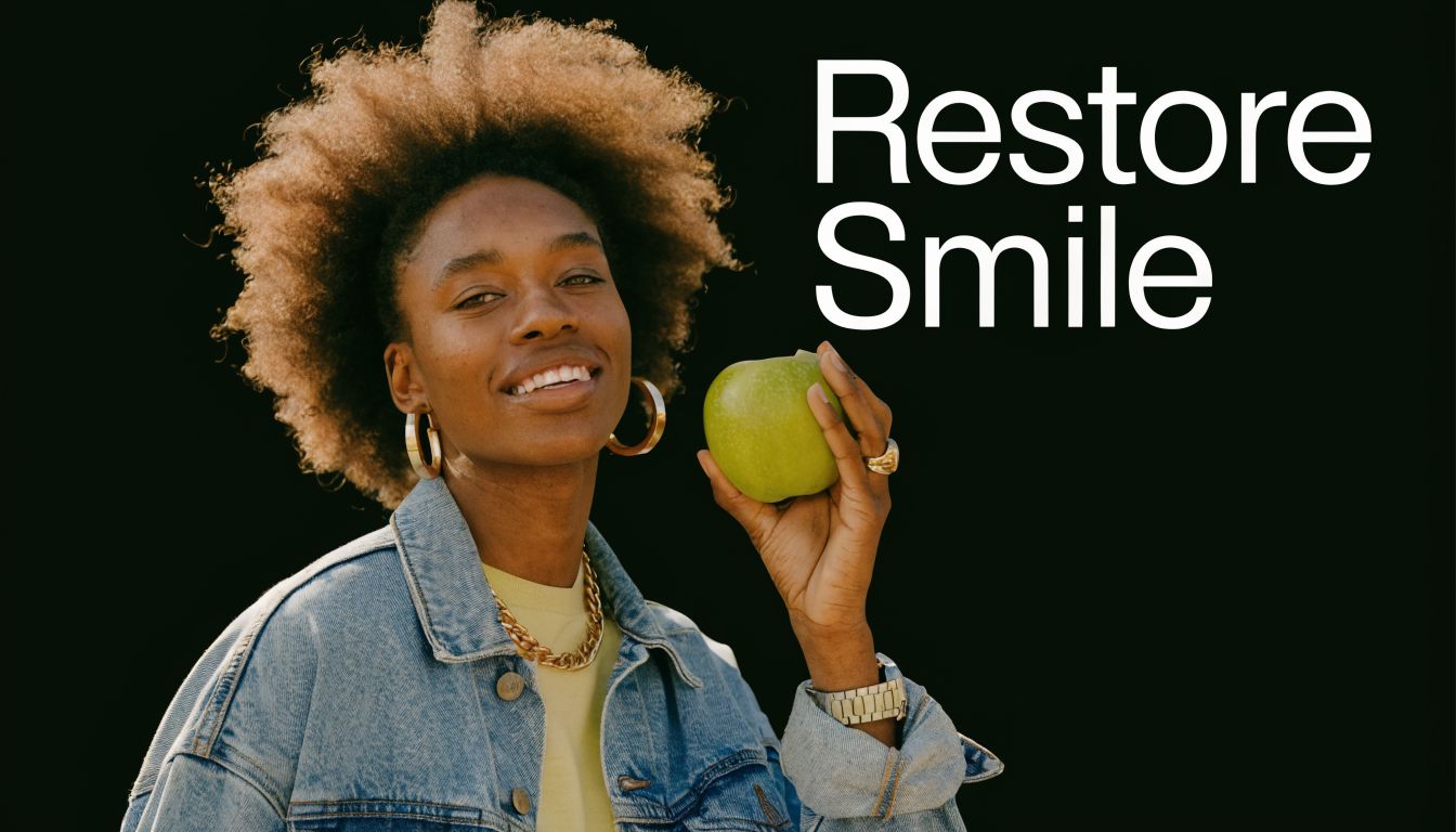 A smiling young person with curly hair wearing a denim jacket holding a green apple against black background