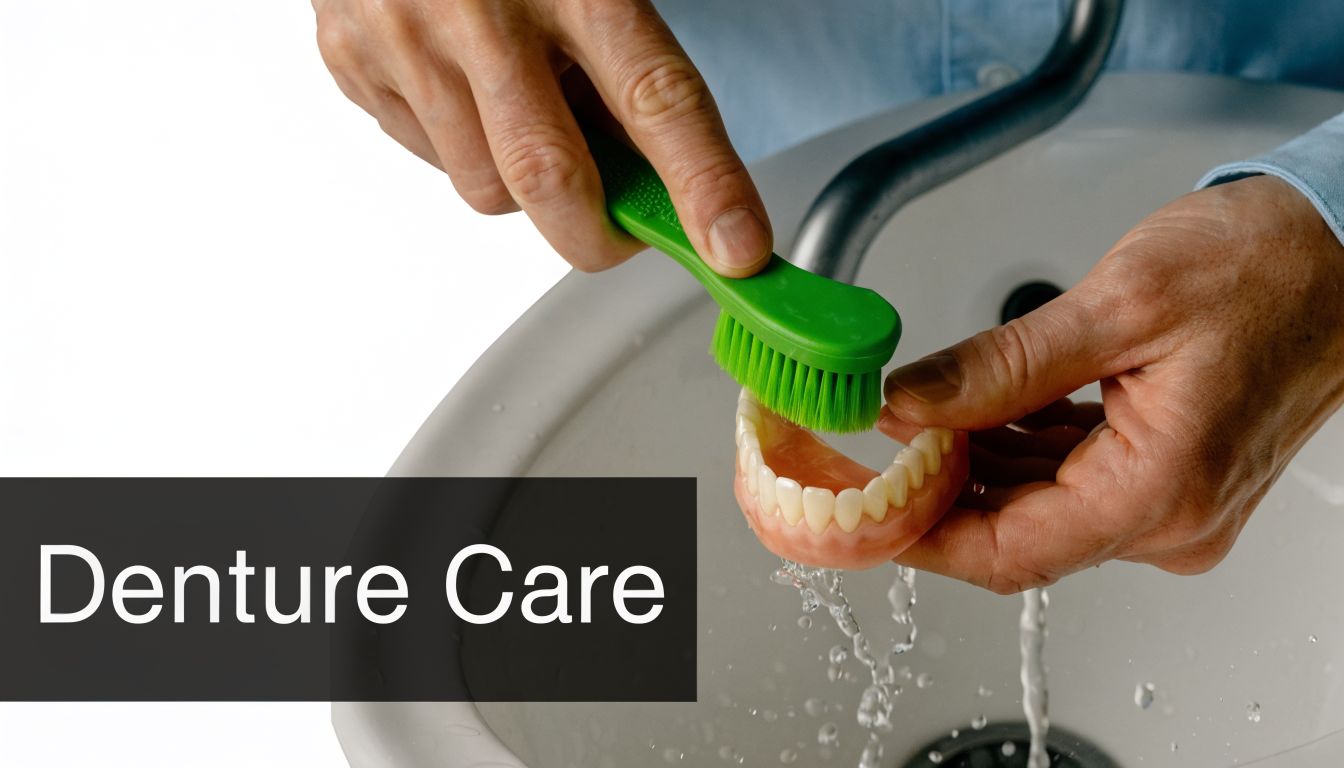 A person cleaning a set of dentures with a green brush over a bathroom sink.