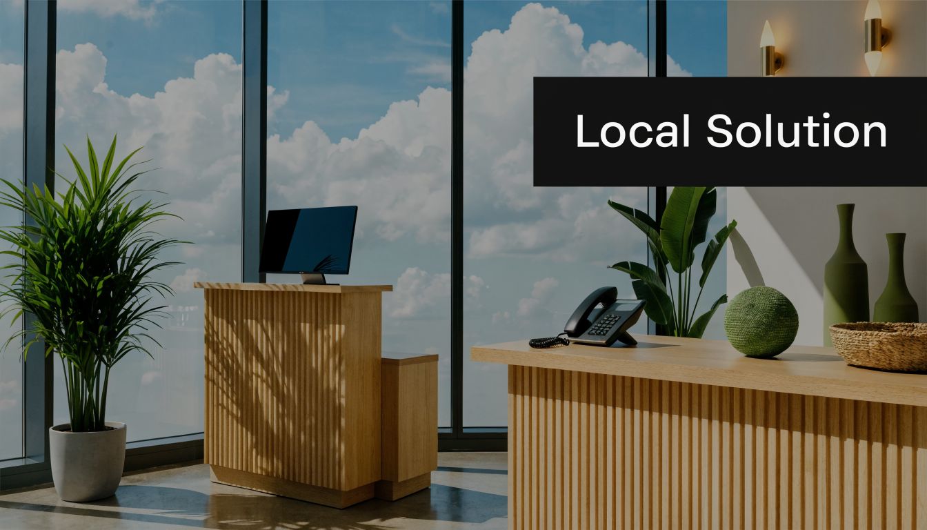 A modern reception desk in a bright office space with a large window and green plants.
