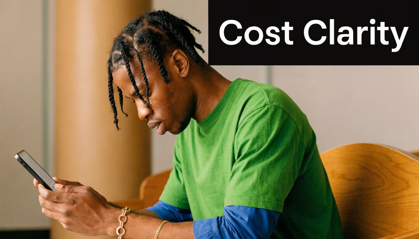A young man with braided hair wearing a green t-shirt looking at his smartphone while seated