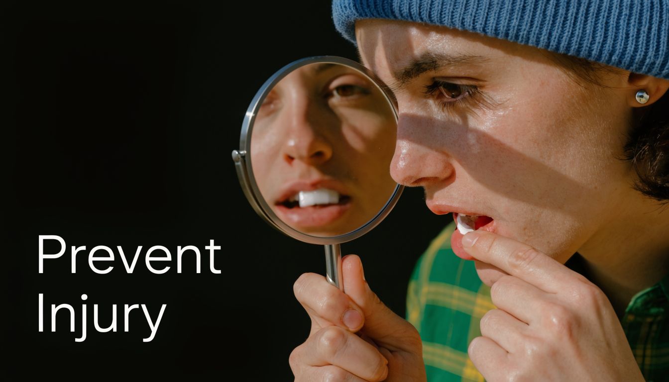 A person looking into a handheld mirror to examine their mouth after a dental procedure.