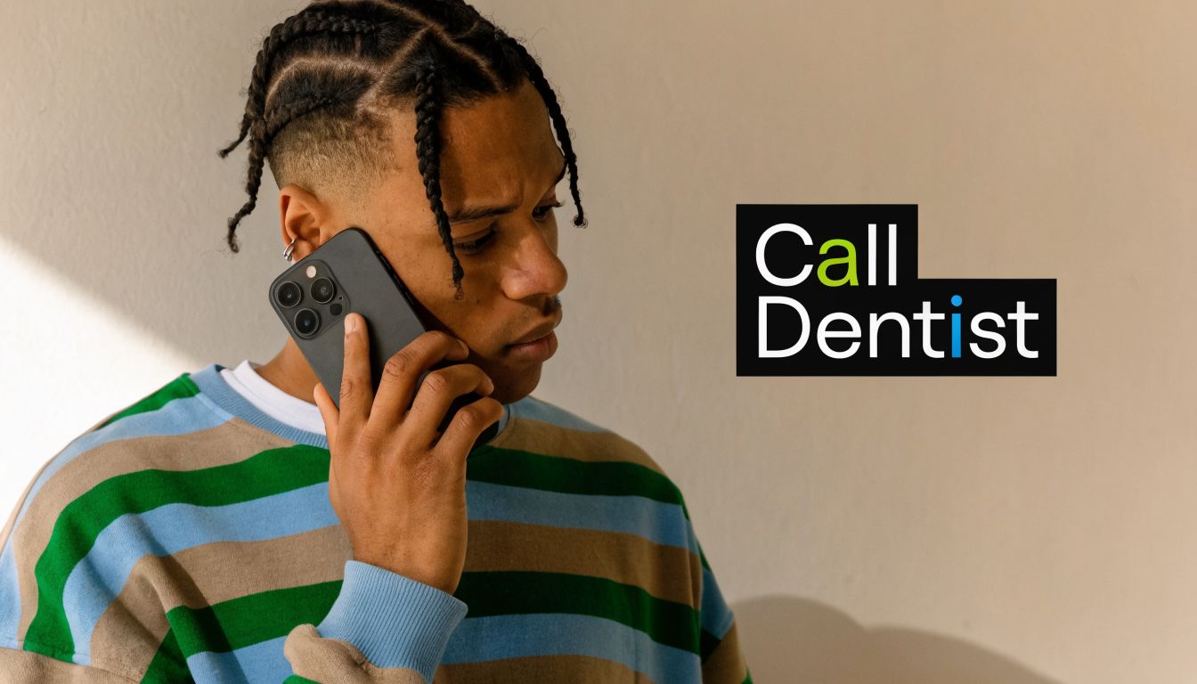 A young man with braided hair talking on a black smartphone against a light background.
