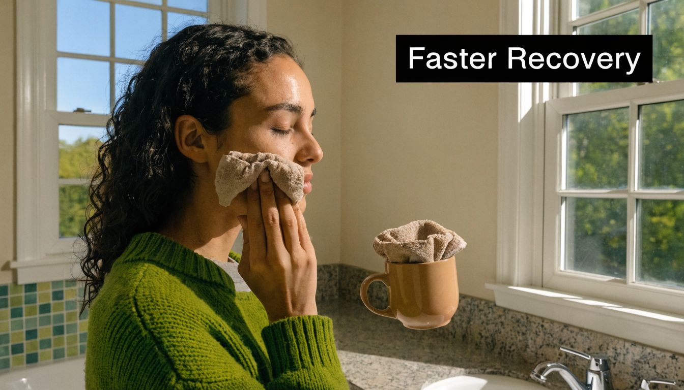 A woman holding a warm, damp cloth against her jaw to soothe numbness after dental surgery.