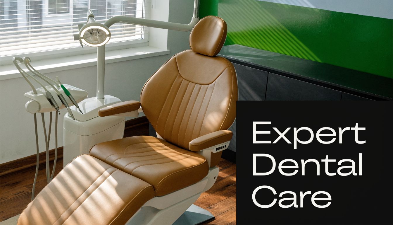 A professional leather dental chair in a modern, clean, and well-lit dental office examination room.