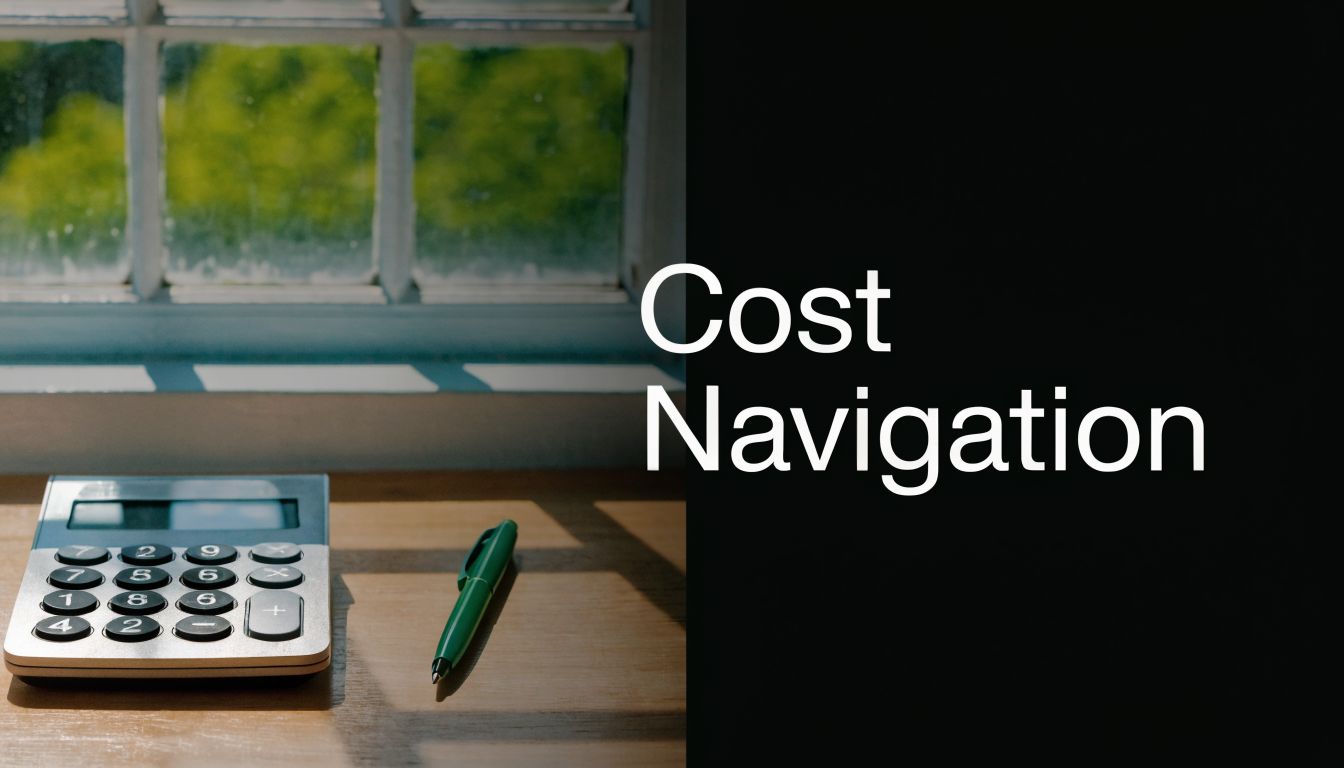 A desk with a calculator and a green pen in front of a window with the words Cost Navigation