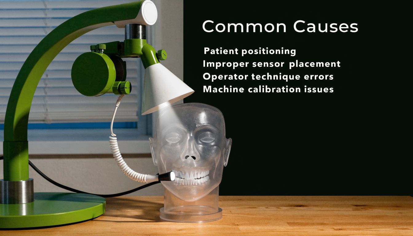 A clear anatomical head model demonstrating dental x-ray positioning and common causes of image quality errors.
