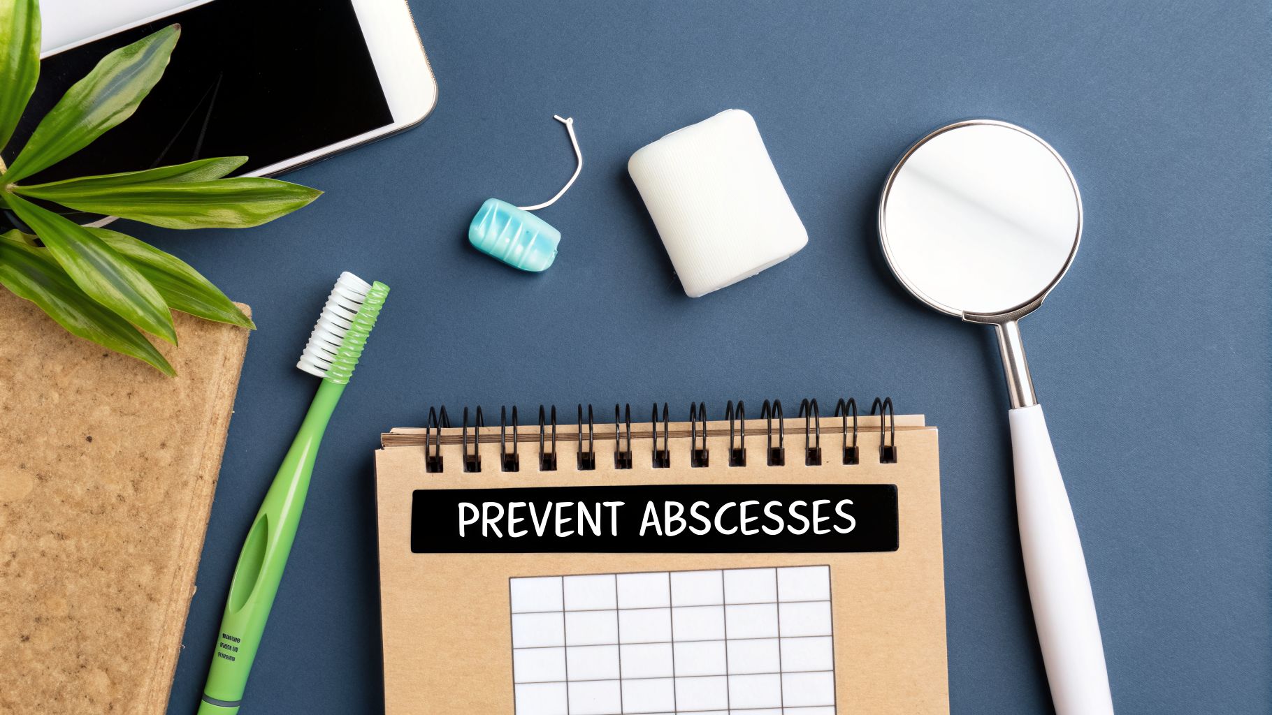 Flat lay of dental care items including a toothbrush, mirror, and a notebook saying 'PREVENT ABSCESSES'.