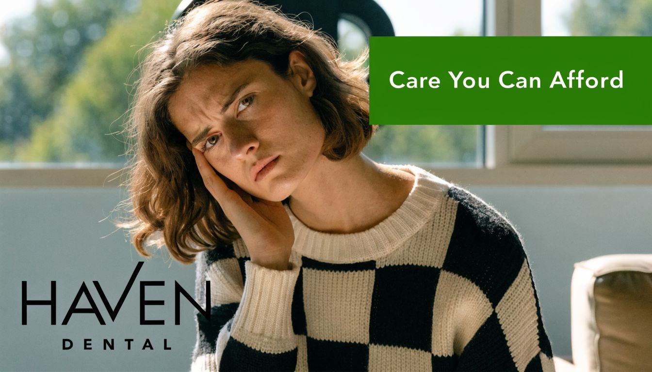 A young woman touching her cheek, appearing in pain, in an advertisement for Haven Dental services.