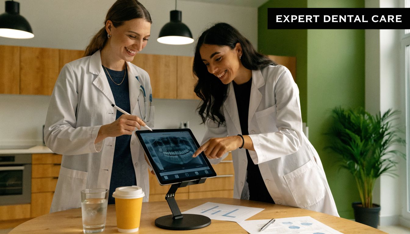 Two smiling female dentists in white lab coats analyzing dental X-rays on a tablet computer.