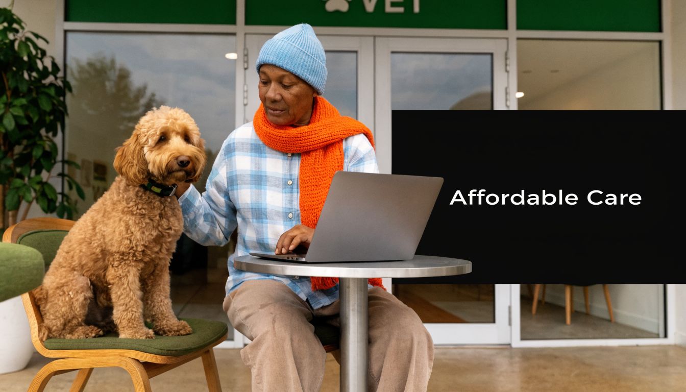 An elderly person wearing a scarf and beanie sits at a table with a laptop while petting a dog.