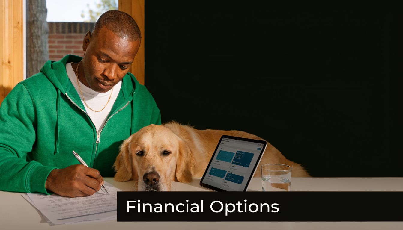 A man in a green hoodie writing on papers next to his golden retriever with a tablet.