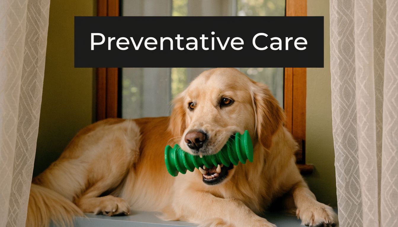A golden retriever lying by a window holding a green ridged dental toy in its mouth.