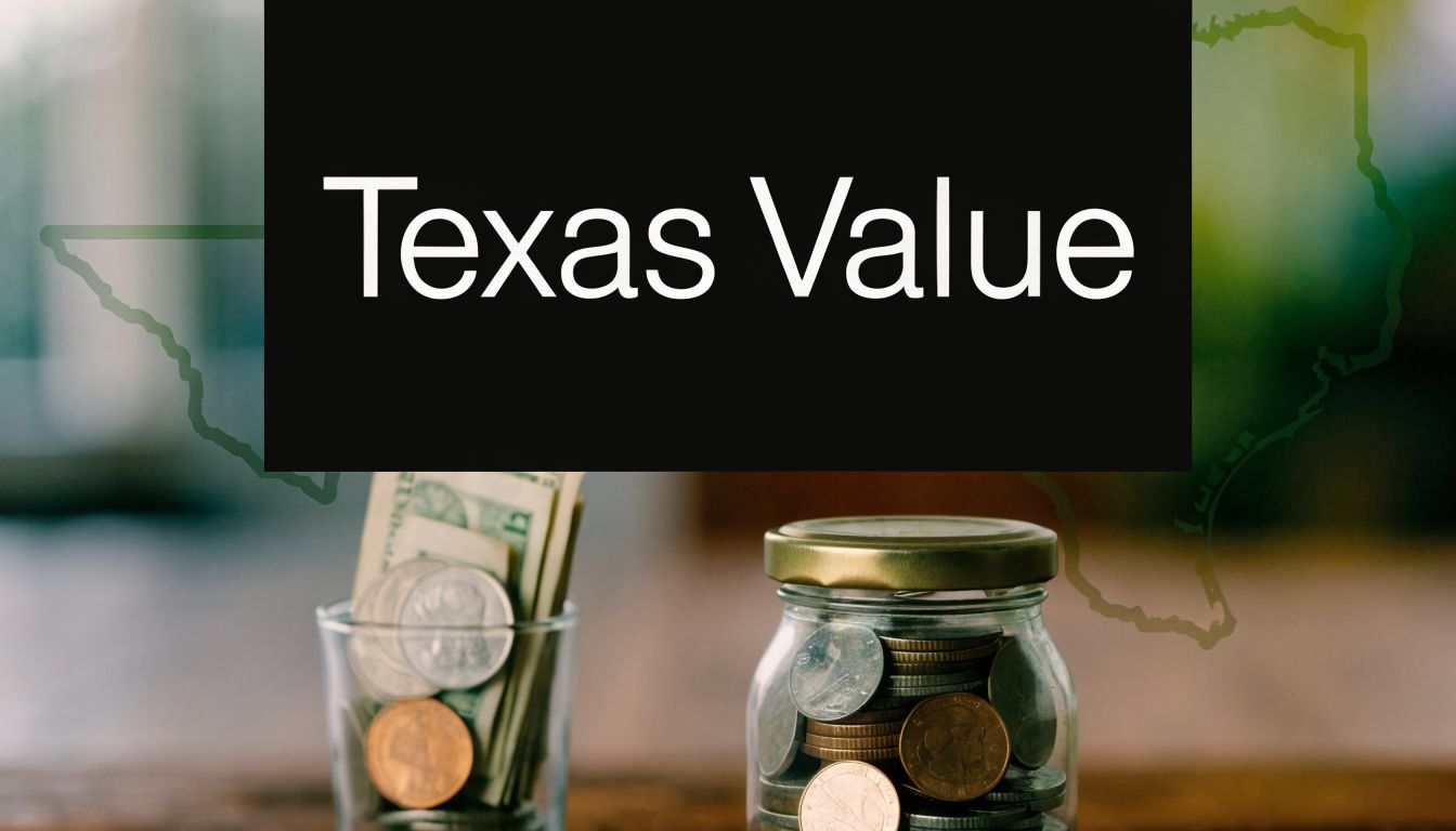 A glass jar containing coins and paper currency displayed against a faint outline map of Texas.