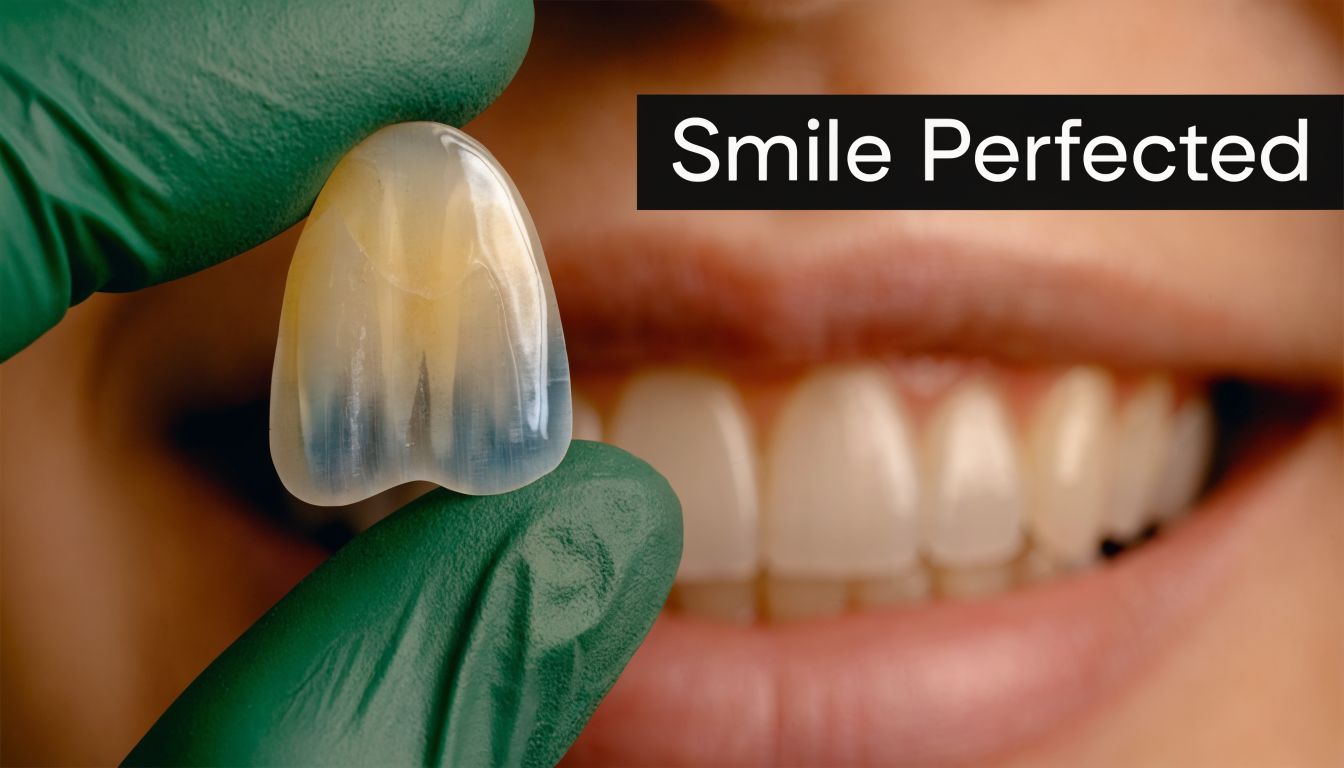 A gloved hand holds a custom dental porcelain veneer in front of a person with a bright smile.