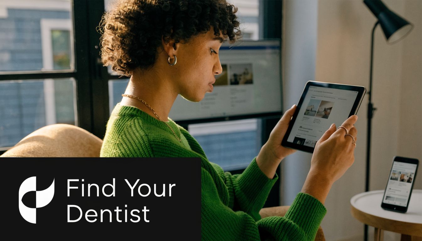 A person in a green sweater using a digital tablet to search for dental services online.