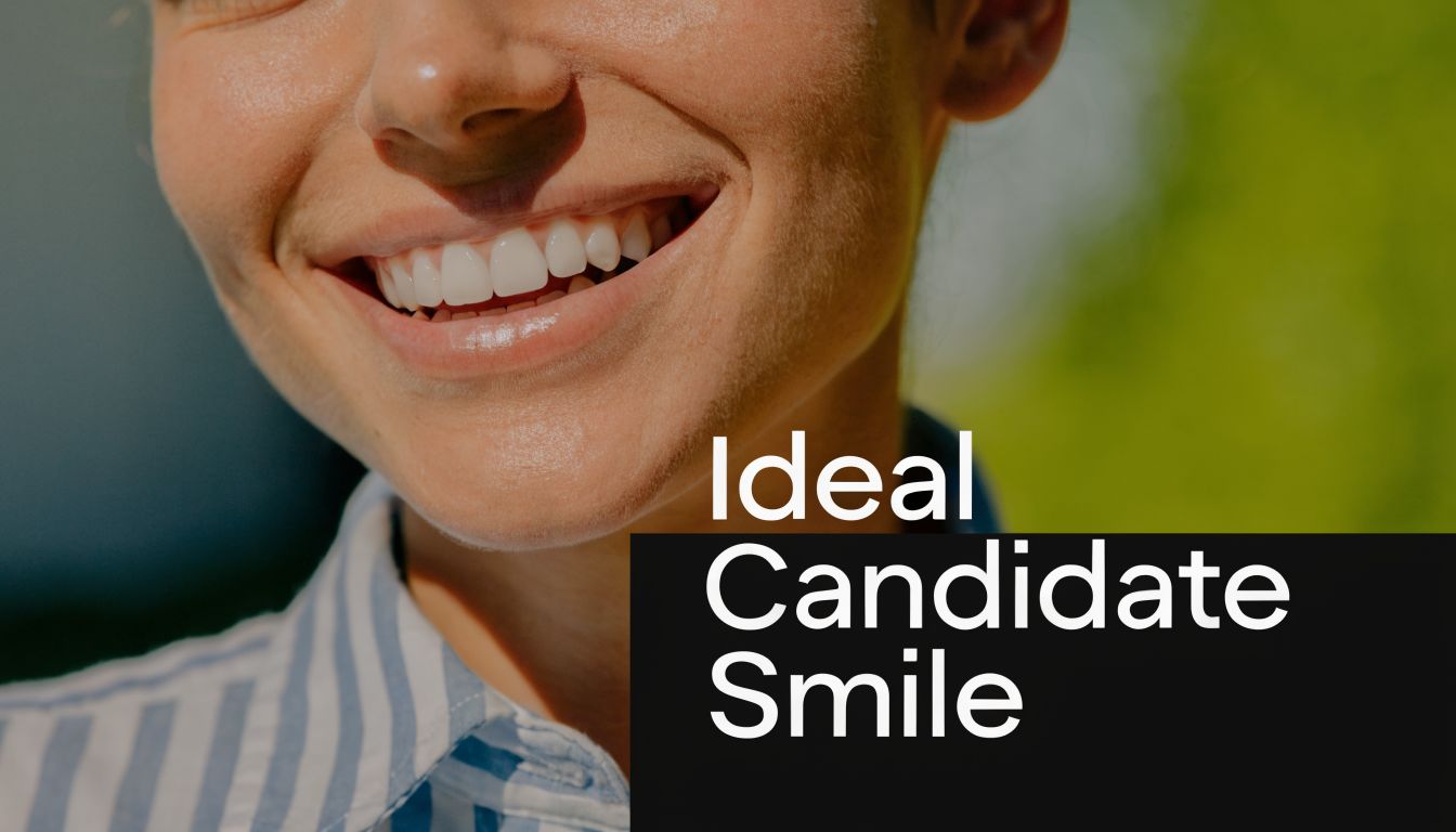 A close-up of a person smiling with bright, healthy white teeth, representing an ideal candidate smile.