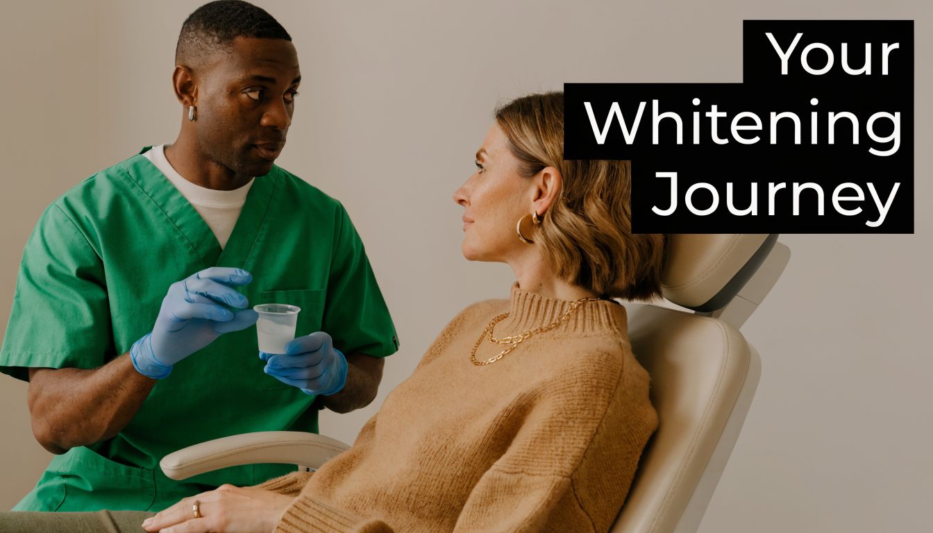 A professional dentist discussing a teeth whitening treatment plan with a female patient in a dental chair.