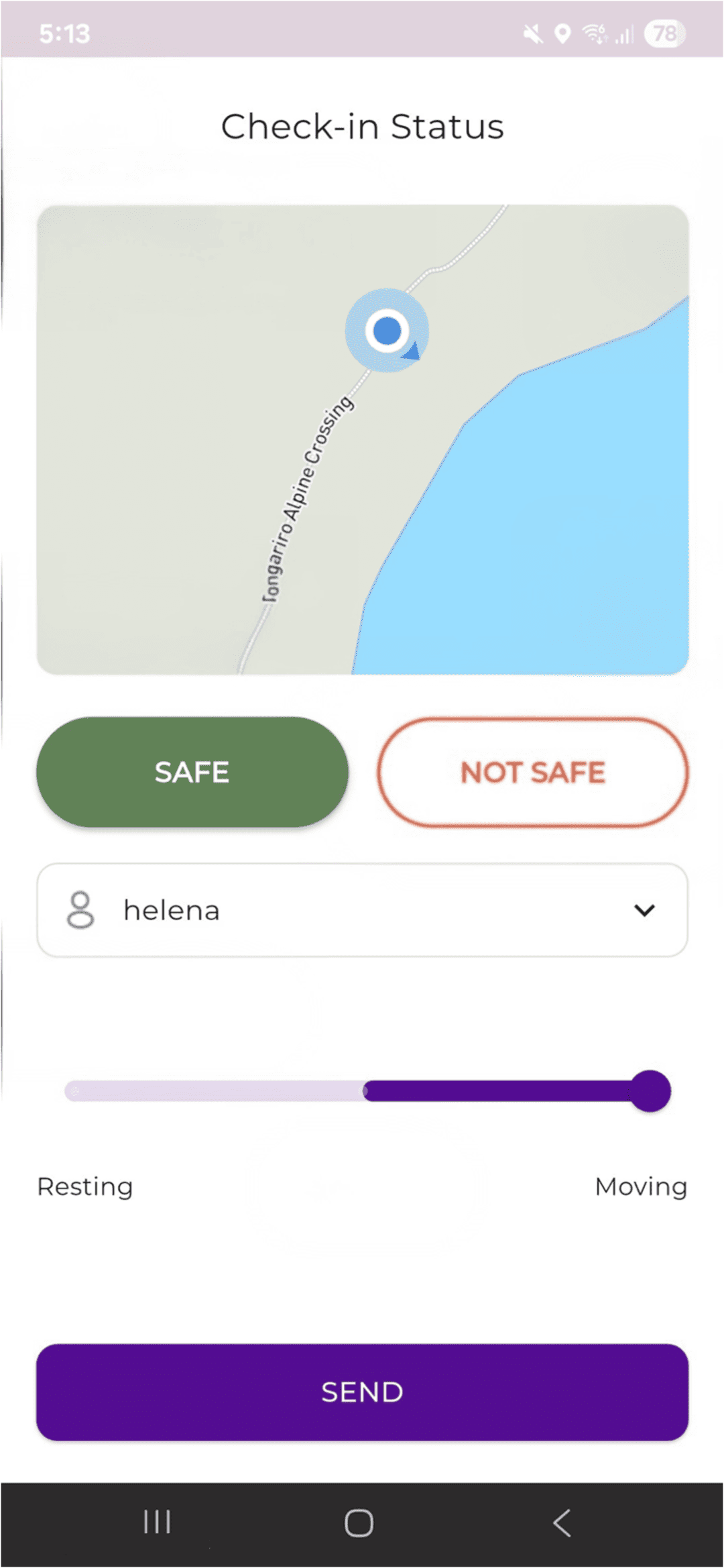 Check-In screen on the SafeNotSafe Mobile App