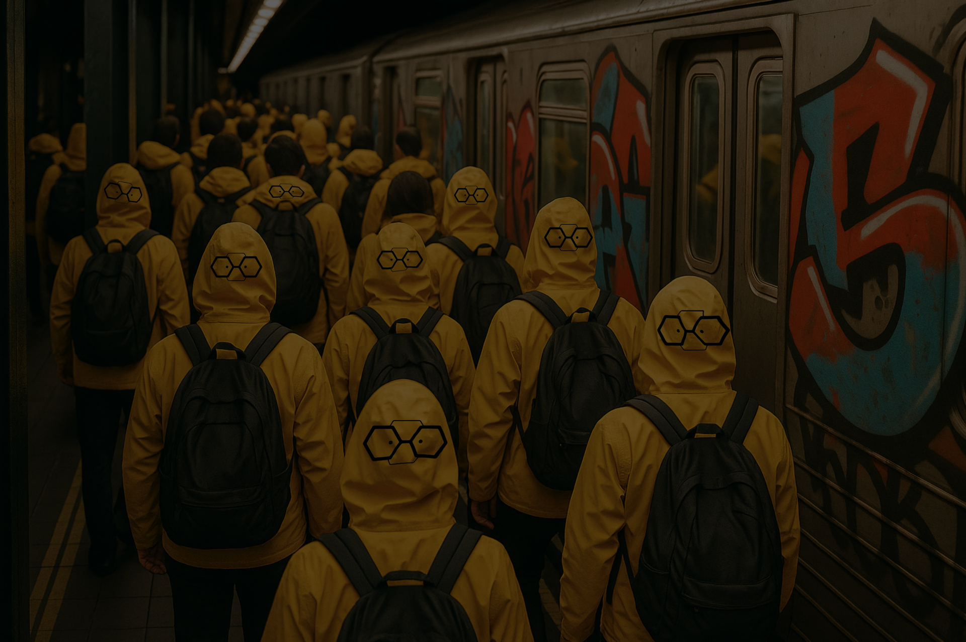 People wearing yellow raincoats walking out from the wagon