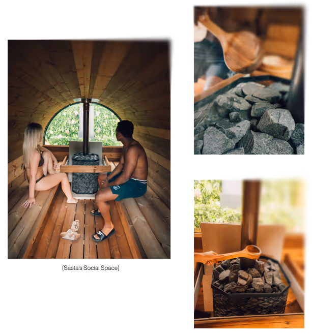 Couple enjoying the Sasta Saunas barrel sauna in Leixlip, Co. Kildare, with close-ups of the sauna rocks.