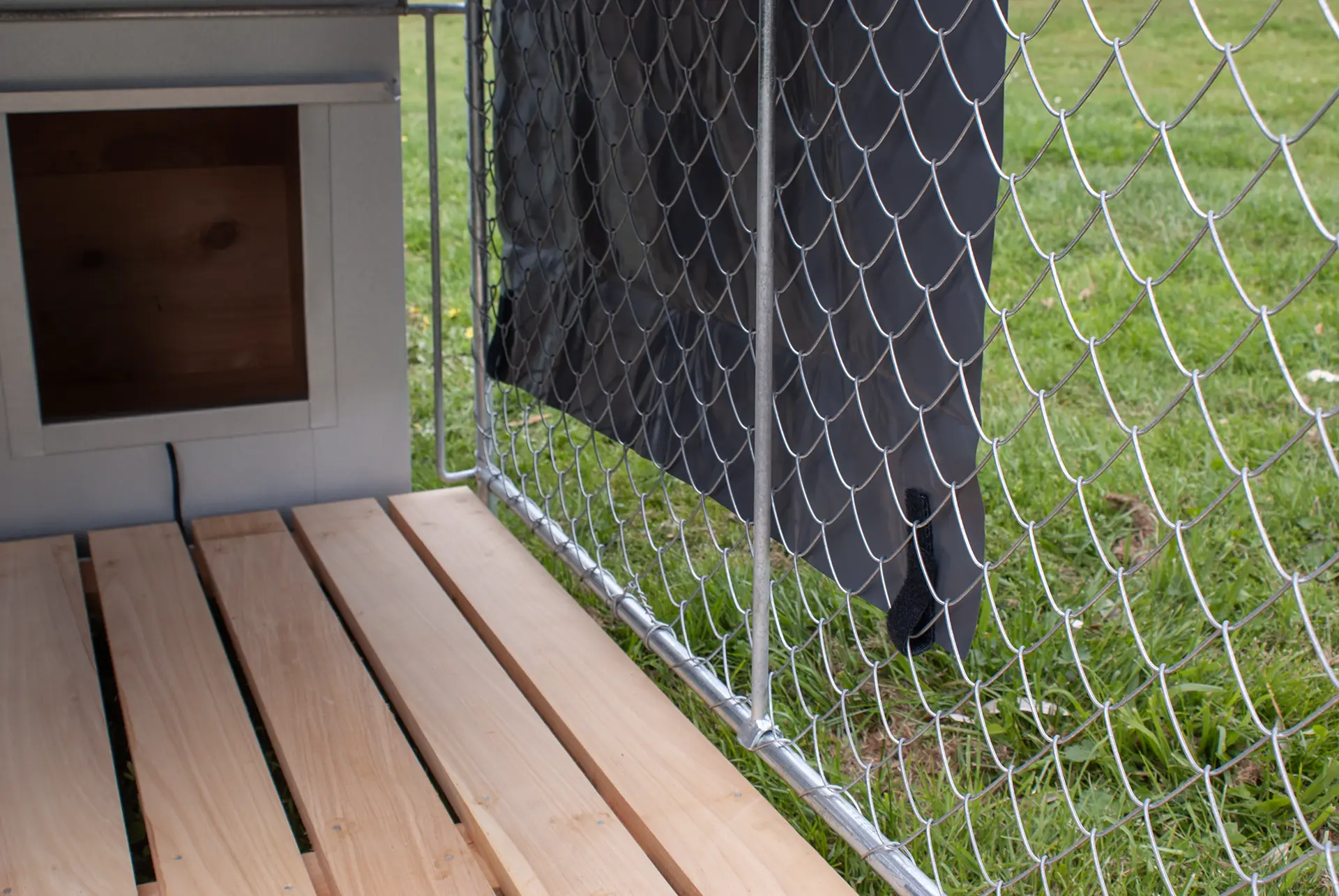 Our weatherproof vinyl cover for Five Star Dog Run with velcro tabs