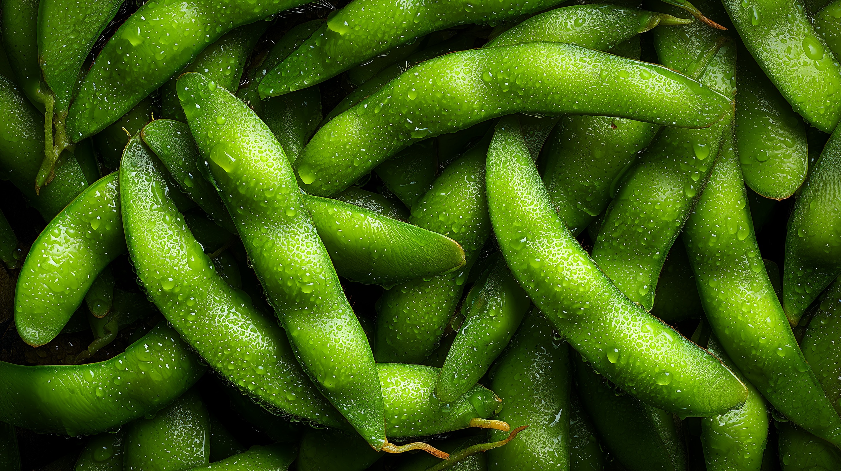 A pile of green edamame beans with water droplets on them.