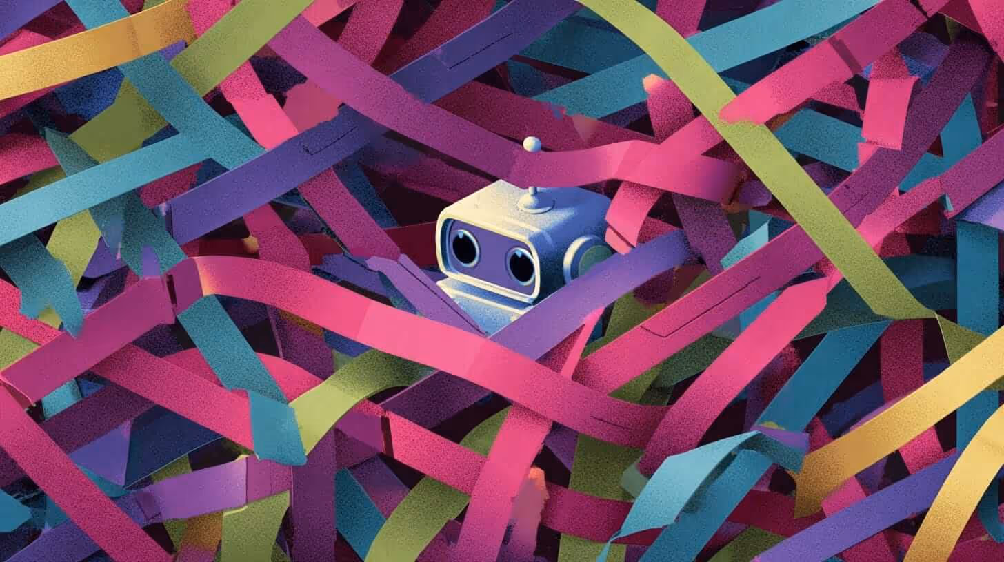 A small robot tangled in colorful paper strips.