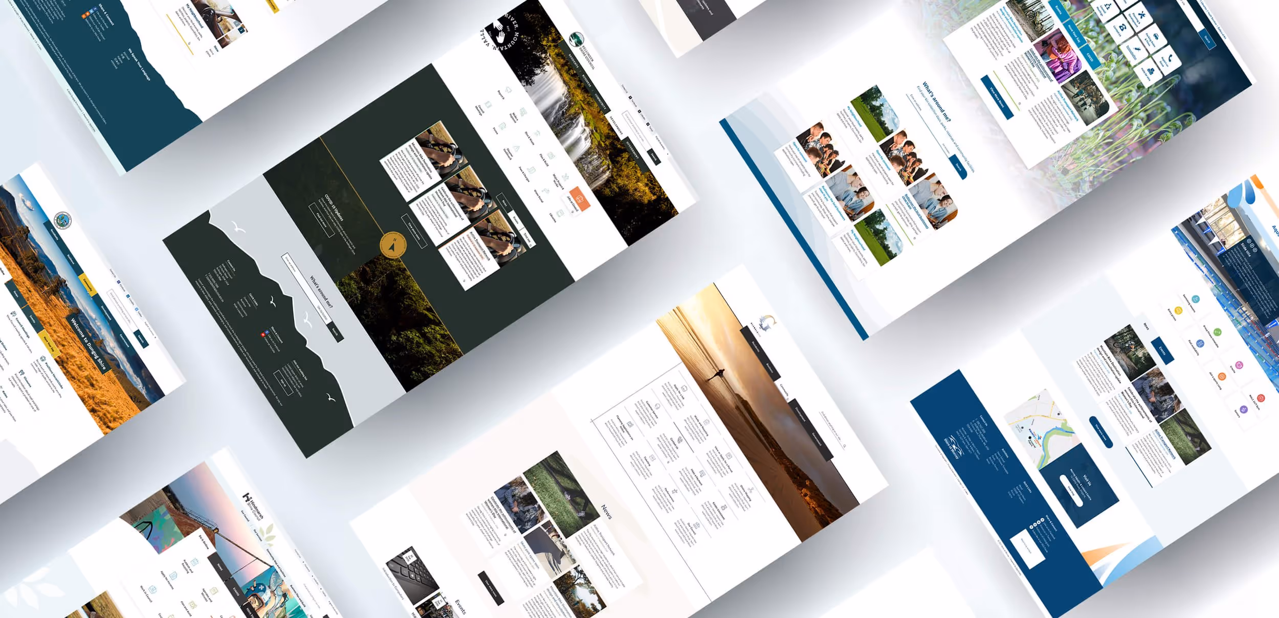 A collage of tourism and informational website layouts arranged at an angle, showcasing various homepage designs with images, navigation menus, and content sections.