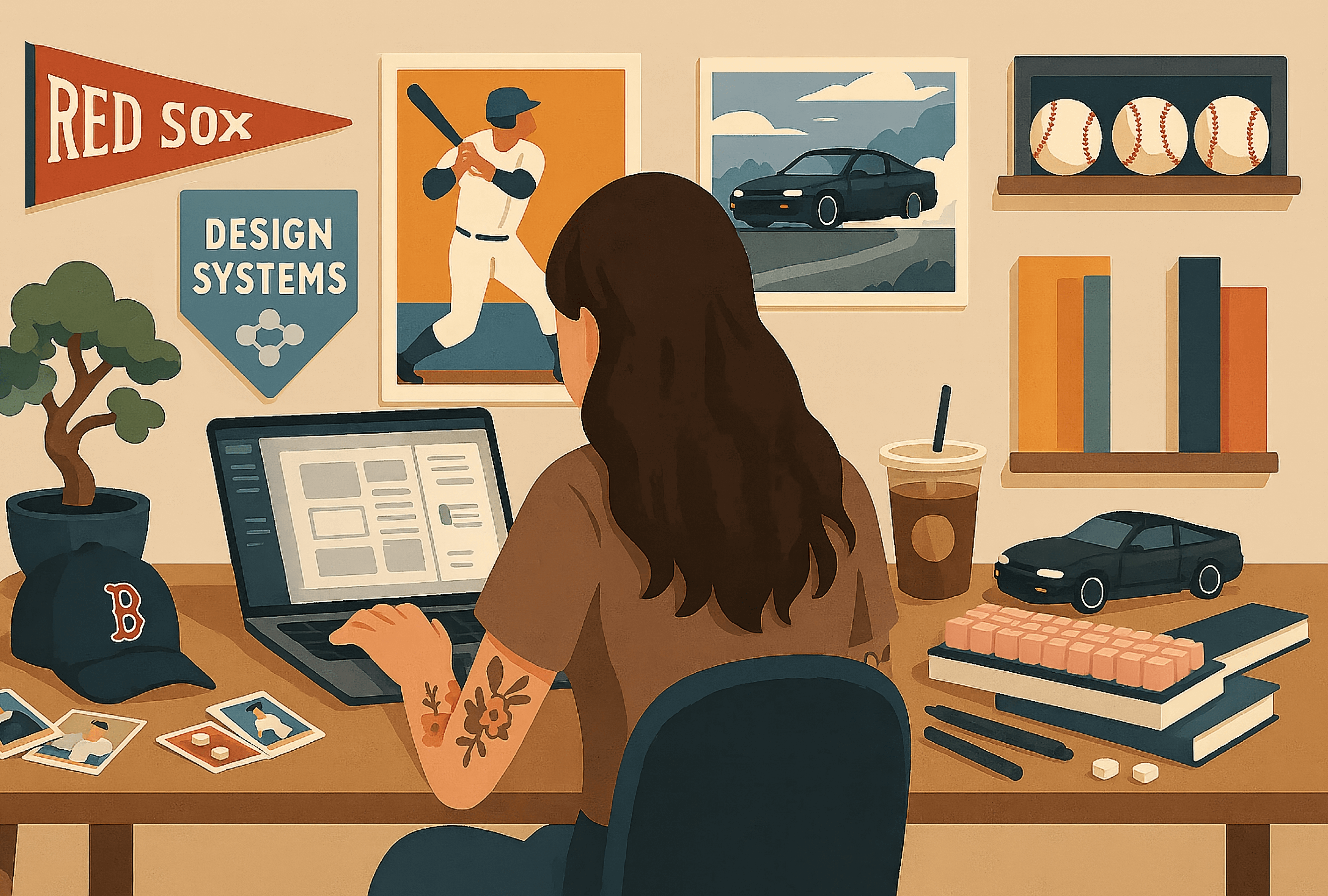  Illustrated scene of a woman working on a laptop at a desk surrounded by sports memorabilia, books, and design system posters, with a Red Sox cap and iced coffee also on the desk.