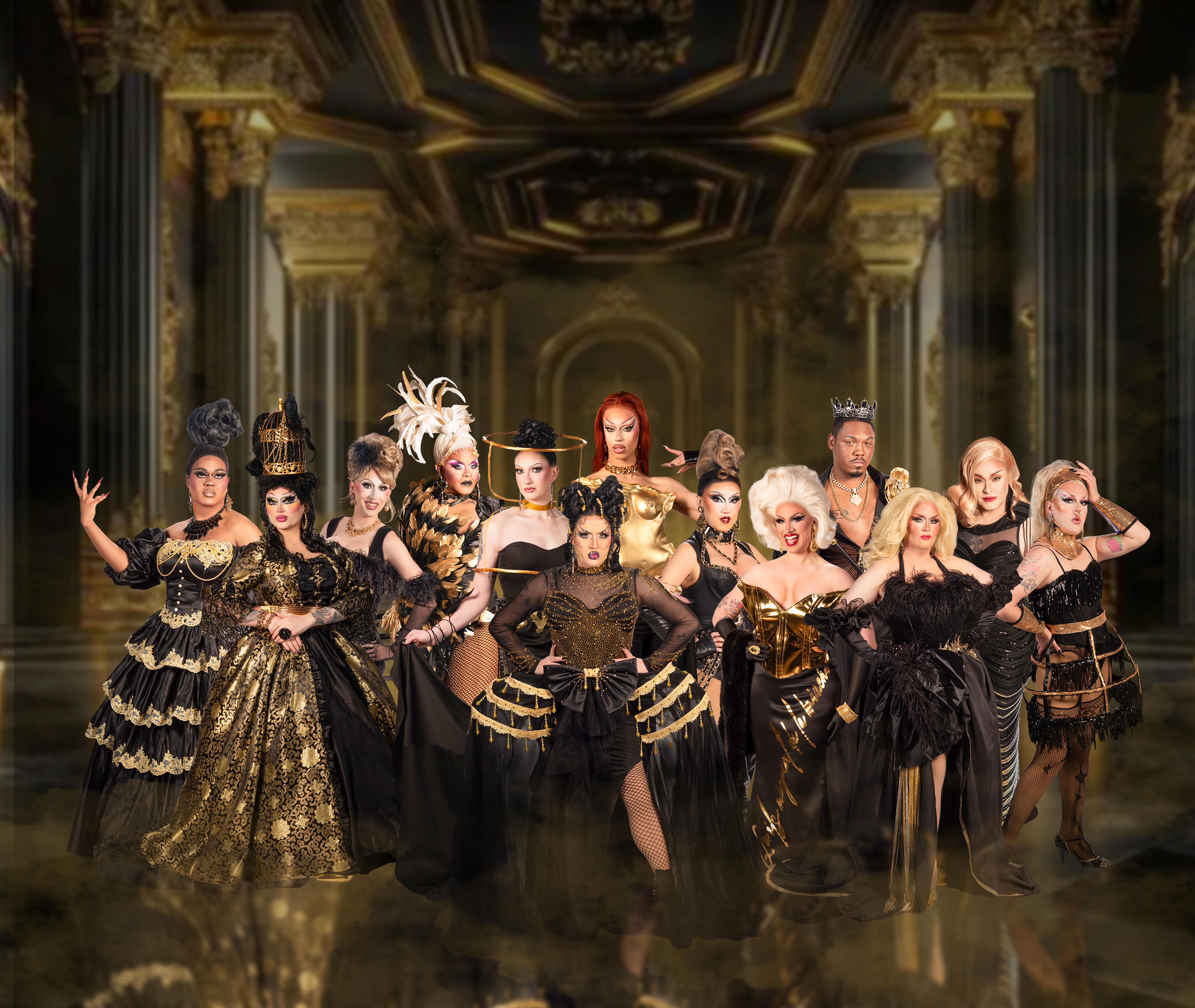 The Belles of The Bevo resident drag cast in black and gold costumes.