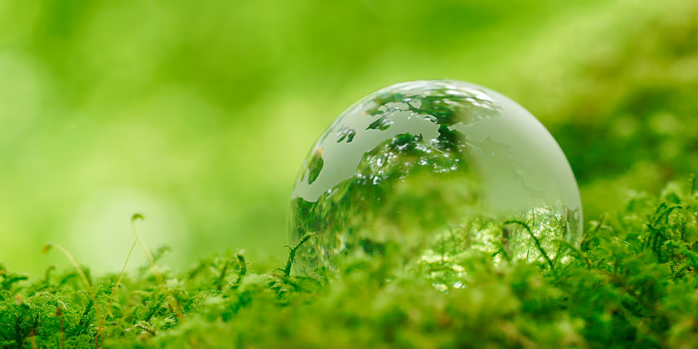苔の上で光を反射する地球型ガラス球。環境や自然保護を象徴するイメージ