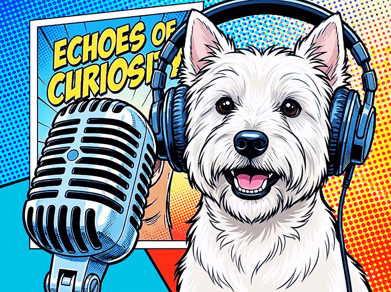 Cartoon white dog wearing headphones and a microphone near it with text Echoes of Curiosity.