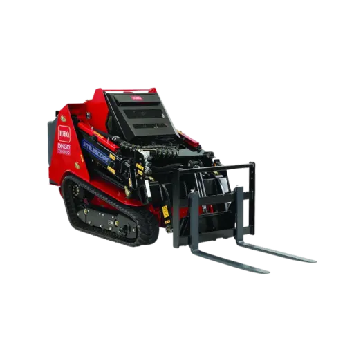 A set of forks that attach to the front of a mini skid steer