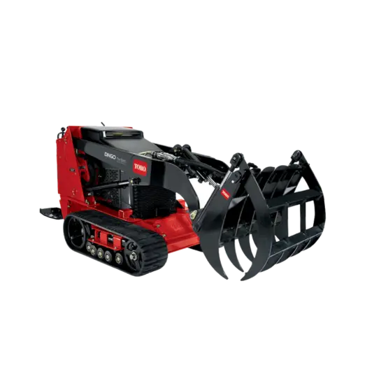 A grapple that attaches to the front of a mini skid steer.