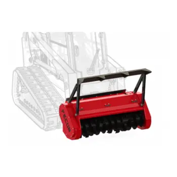 Red forestry mulcher attachment with black rotating drum for skid steer loader.