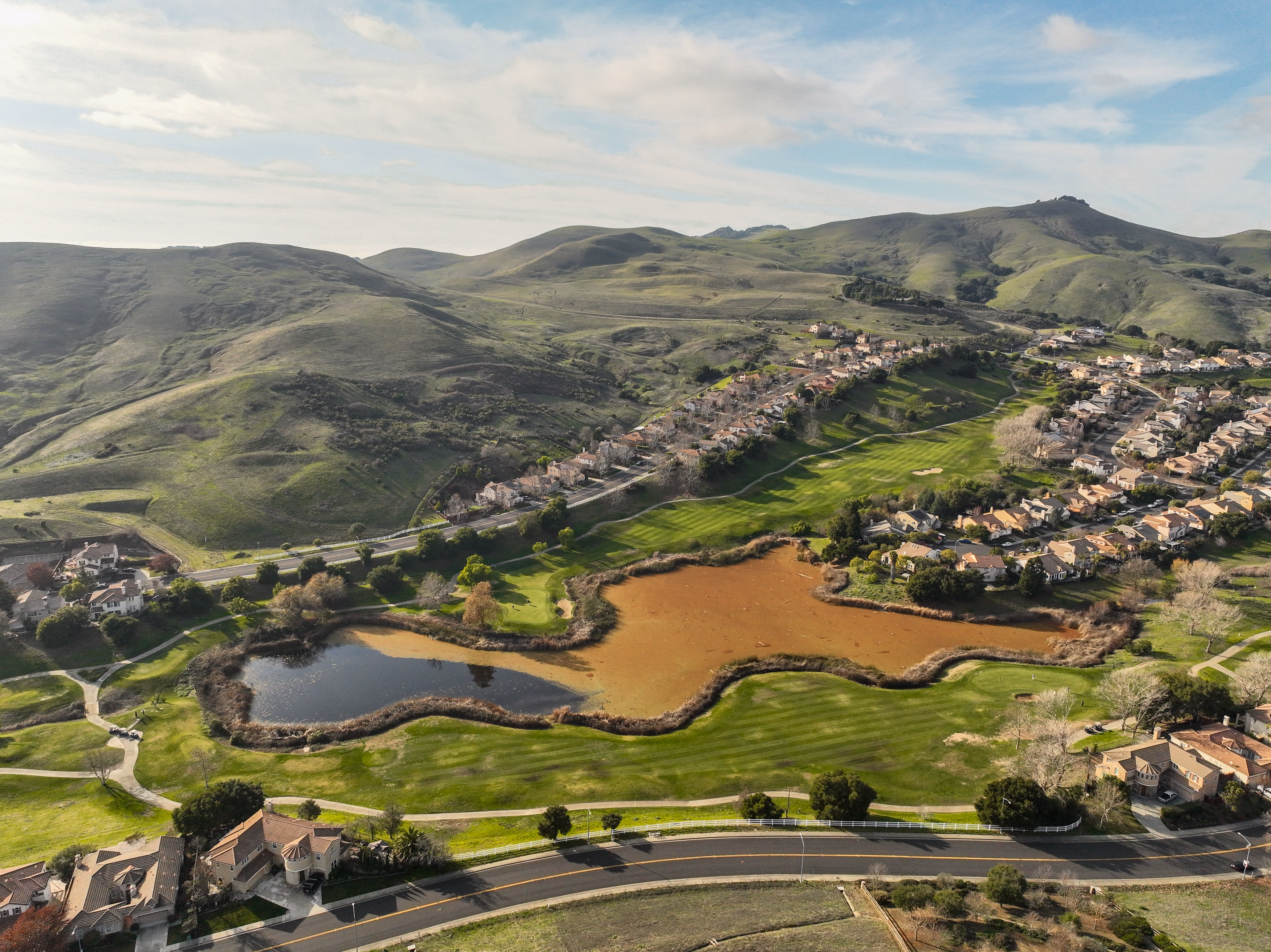 Aerial view of a hillside neighborhood