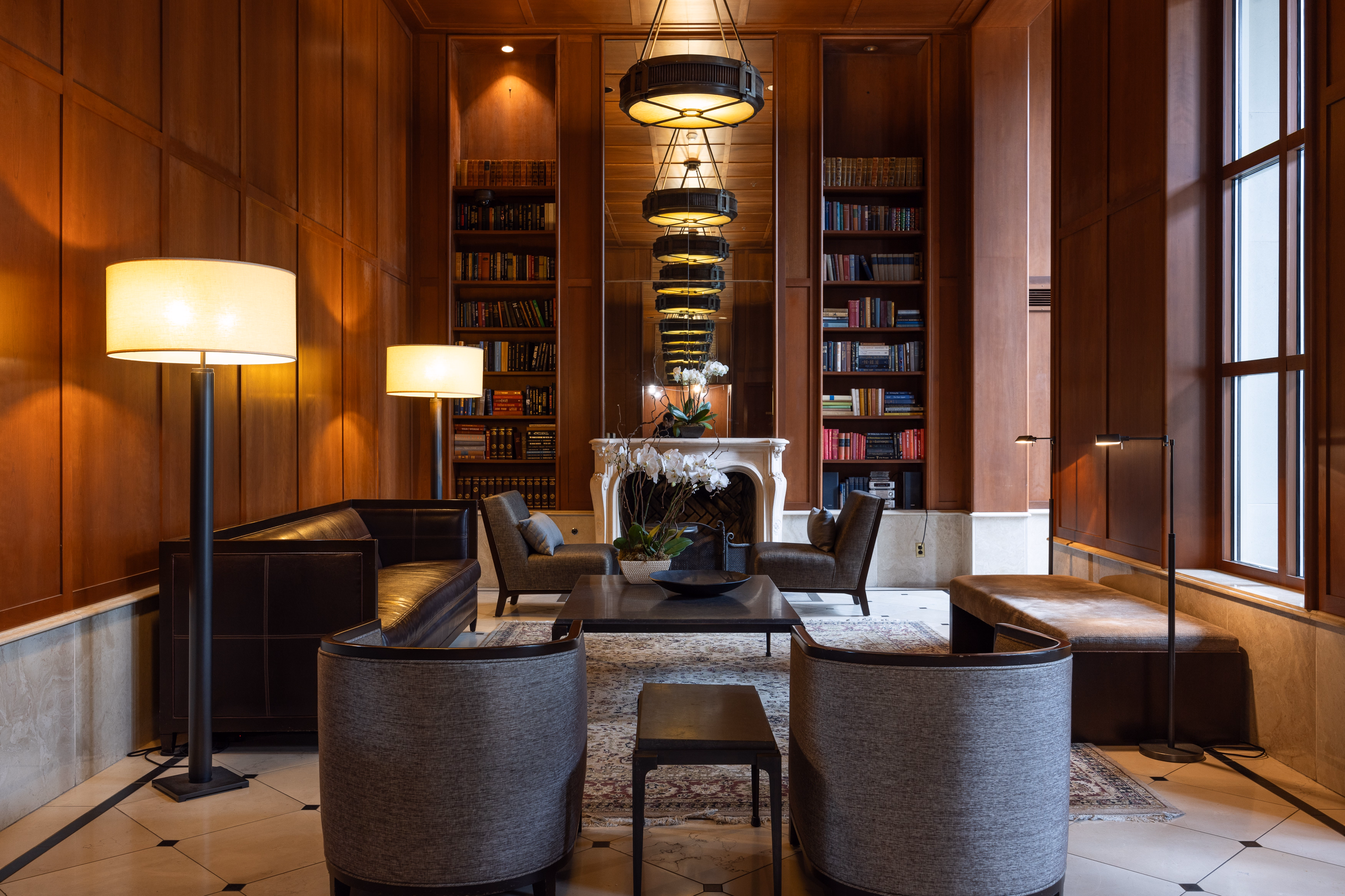 Wood-paneled library