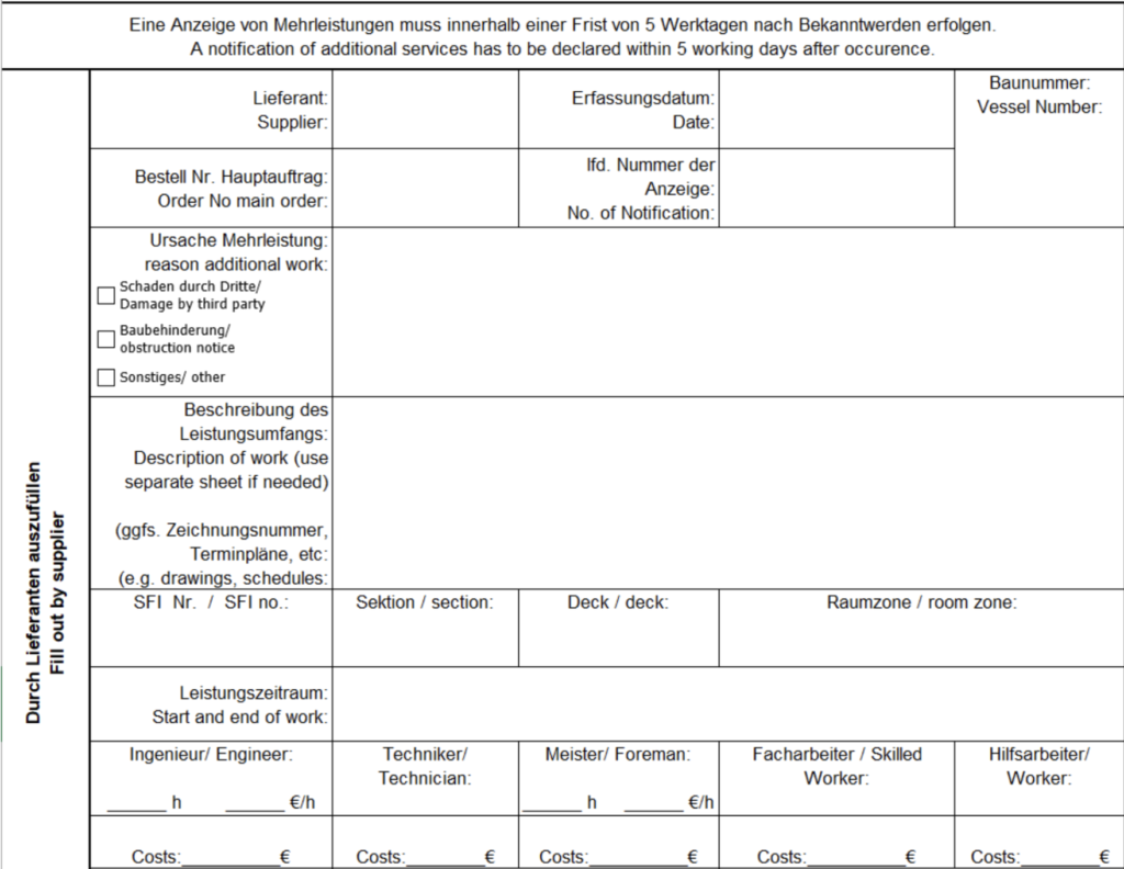 Lieferantenanzeige für Mehrleistungen