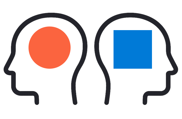 Two black head outlines facing opposite directions; the left head contains a large orange circle, the right head contains a large blue square inside a white circle.