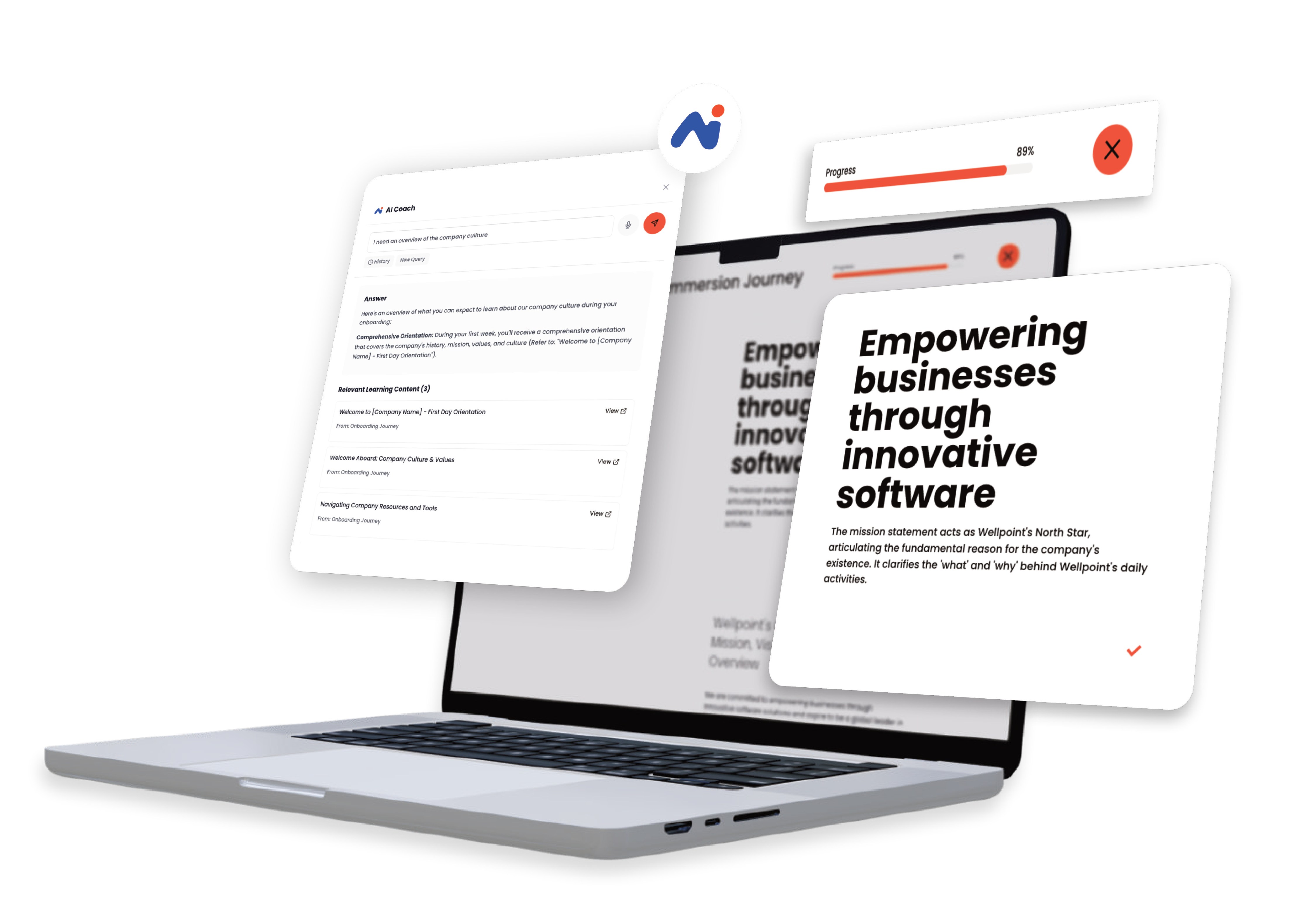 Silver laptop displaying floating cards with onboarding AI coach content and a business mission statement about empowering businesses through innovative software.
