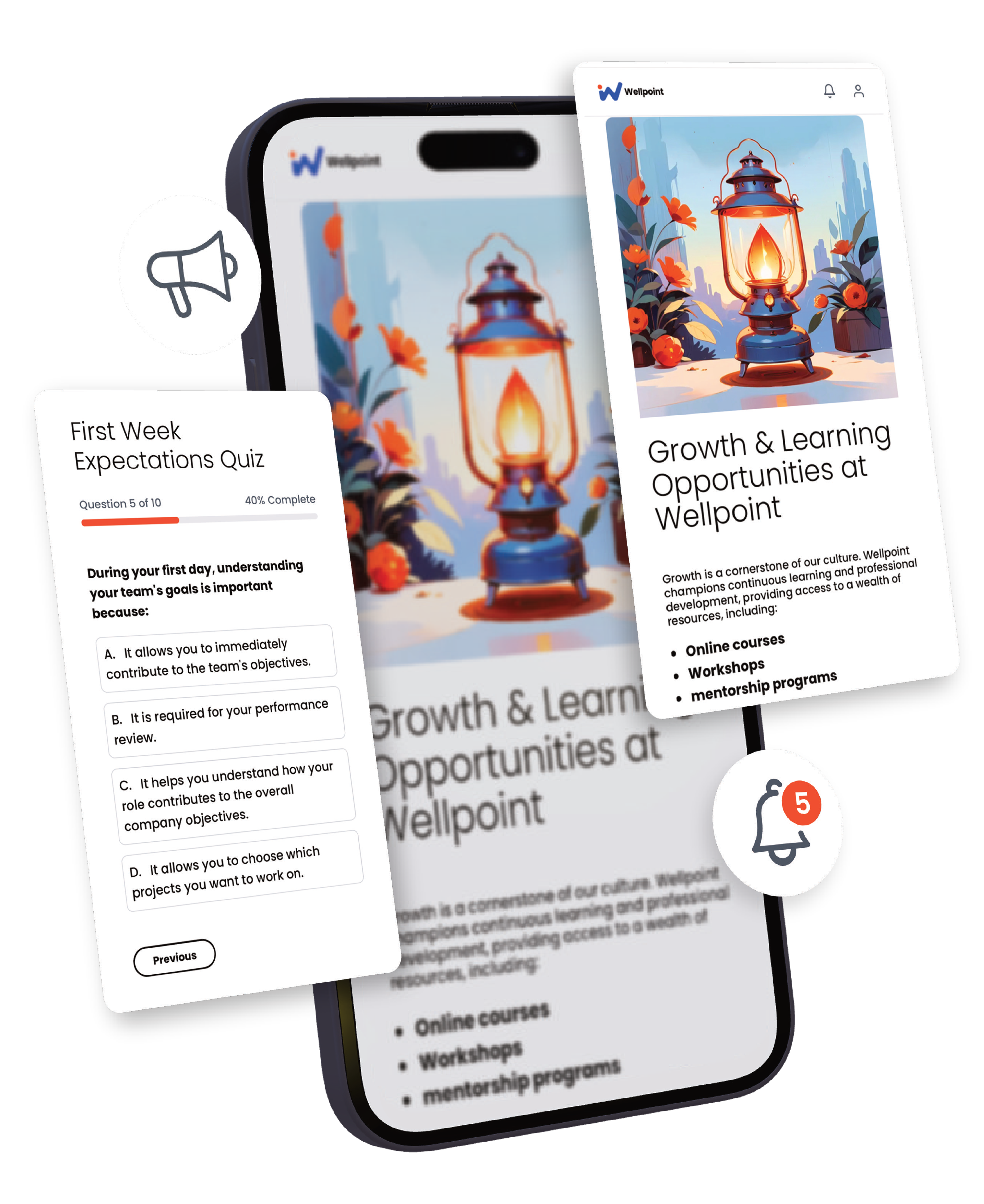 Smartphone displaying Wellpoint app with a lantern image and text about growth and learning opportunities, accompanied by quiz question and notification icons.