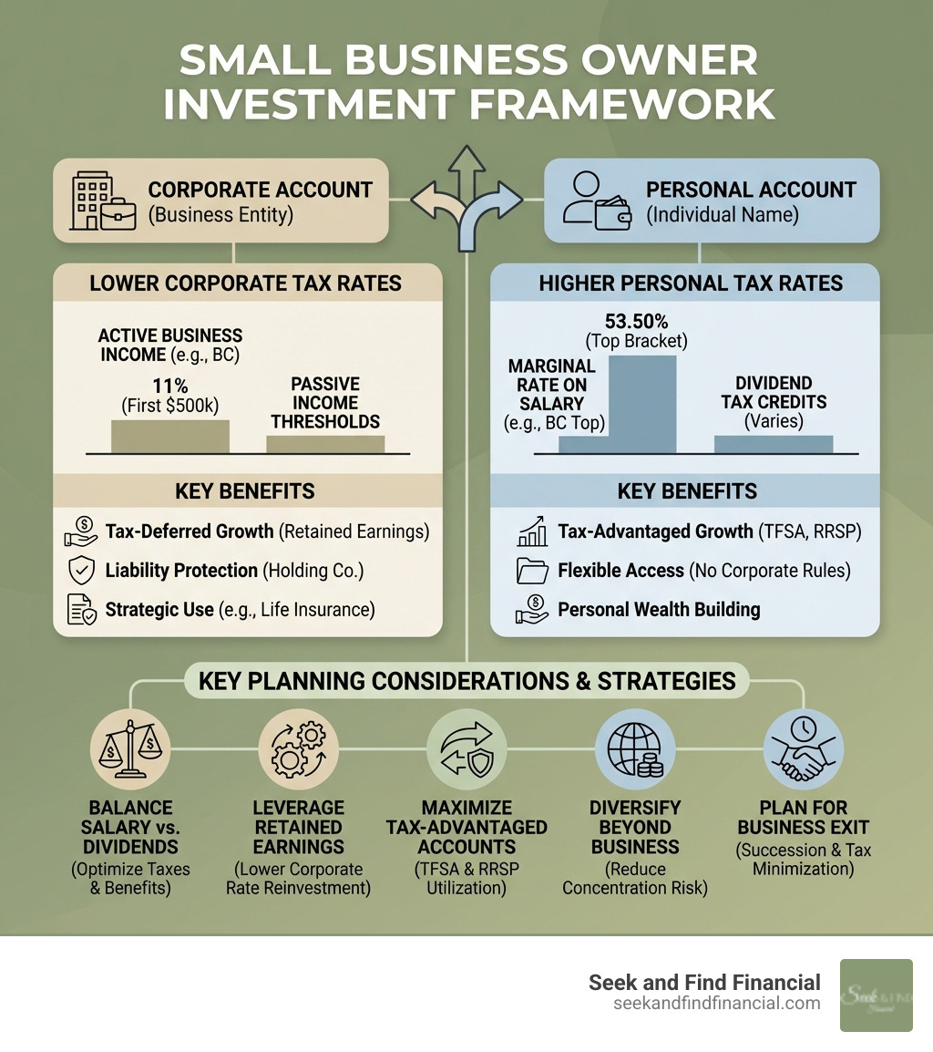 infographic showing investment decision framework for business owners including corporate vs personal accounts, tax rates comparison, and key planning considerations - investment strategies for small business owners infographic infographic showing investment decision framework for business owners including corporate vs personal accounts, tax rates comparison, and key planning considerations - investment strategies for small business owners infographic