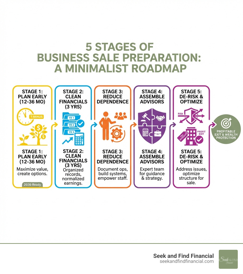 infographic showing the 5 stages of business sale preparation - Prepare business for sale infographic 