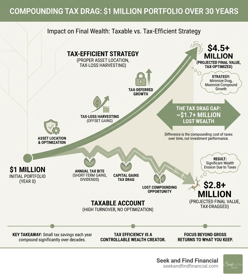 infographic showing the compounding impact of tax drag on a $1 million portfolio over 30 years, comparing a taxable account with high turnover versus a tax-efficient strategy with proper asset location and tax-loss harvesting - Tax efficient wealth management infographic 