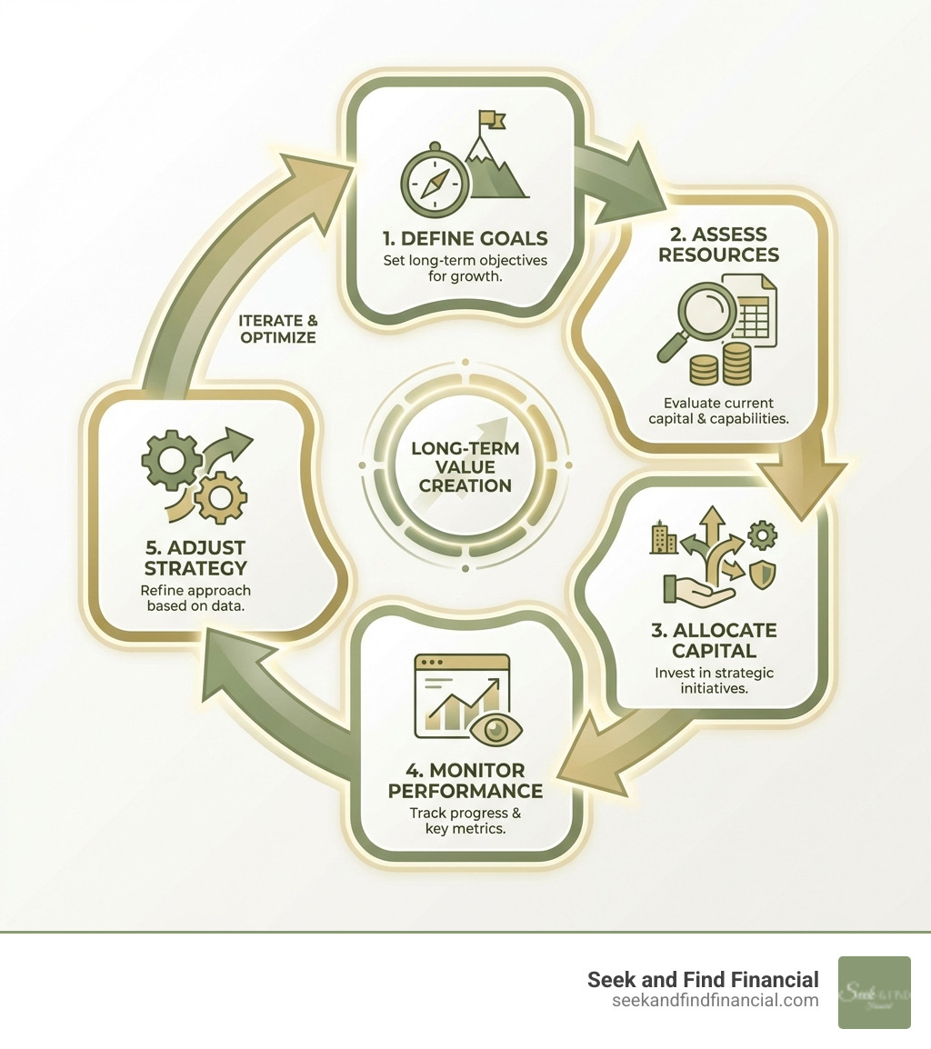 infographic showing the strategic financial decision cycle: define goals, assess resources, allocate capital, monitor performance, adjust strategy - Strategic financial decisions infographic 