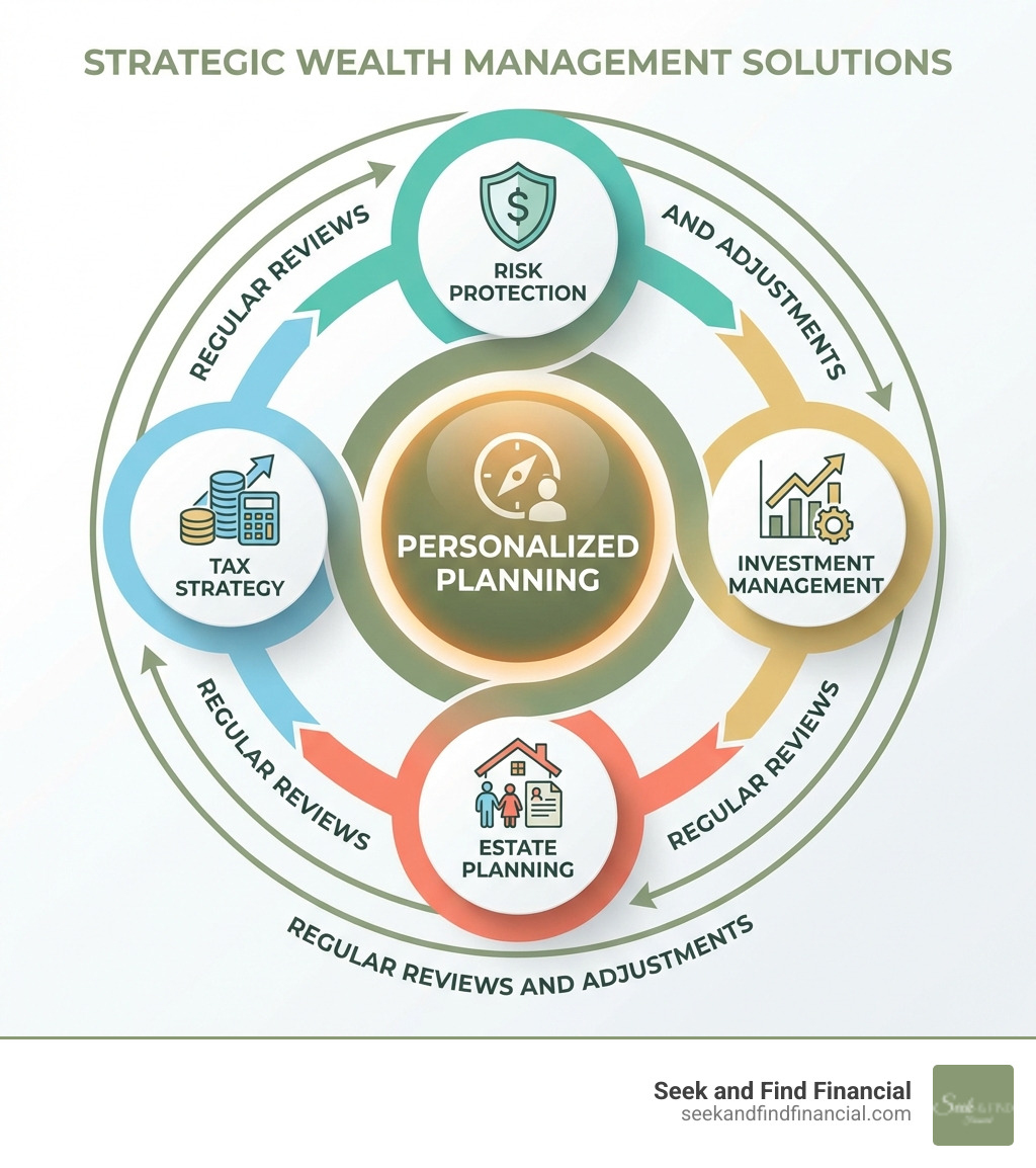 Infographic showing the core components of strategic wealth management: personalized planning at the center, surrounded by tax strategy, investment management, risk protection, and estate planning, all connected by regular reviews and adjustments - Strategic wealth management solutions infographic Infographic showing the core components of strategic wealth management: personalized planning at the center, surrounded by tax strategy, investment management, risk protection, and estate planning, all connected by regular reviews and adjustments - Strategic wealth management solutions infographic