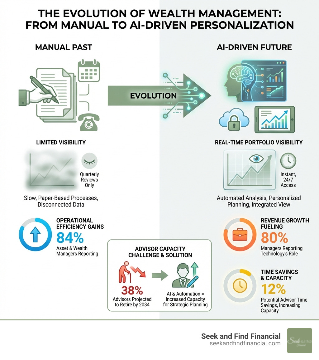 infographic showing the evolution of wealth management from manual processes to AI-driven personalized planning, including data on efficiency gains, advisor capacity increases, and the shift toward real-time portfolio visibility - wealth management technology infographic infographic showing the evolution of wealth management from manual processes to AI-driven personalized planning, including data on efficiency gains, advisor capacity increases, and the shift toward real-time portfolio visibility - wealth management technology infographic