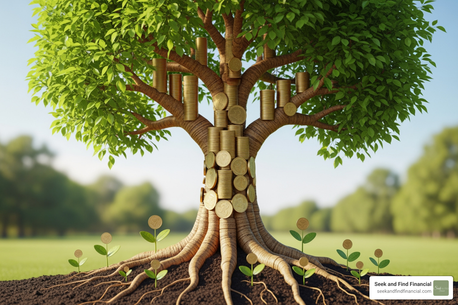 a growing tree made of coins representing how small tax savings compound into large wealth over time - tax effective investing a growing tree made of coins representing how small tax savings compound into large wealth over time - tax effective investing